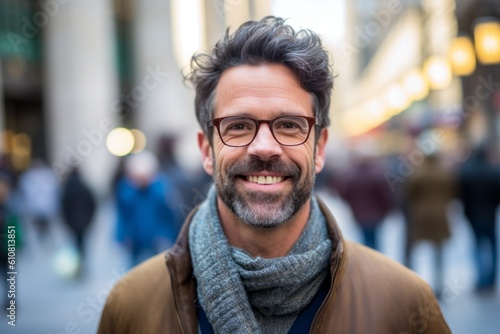 Medium shot portrait photography of a pleased man in his 40s that is wearing a cozy sweater against a bustling day at the stock exchange with traders background . Generative AI