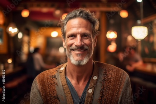 Medium shot portrait photography of a pleased man in his 40s that is wearing a cozy sweater against a lively flamenco performance in a spanish taverna background . Generative AI