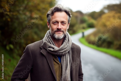 Portrait of senior man with grey beard in coat standing on road in autumn park