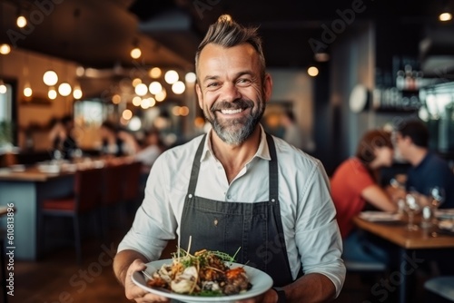 Medium shot portrait photography of a pleased man in his 40s that is wearing a pair of leggings or tights against a beautifully plated gourmet meal being served background .  Generative AI