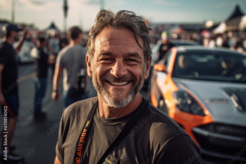 Fototapeta premium Medium shot portrait photography of a pleased man in his 40s that is wearing a sporty tank top against an exciting race car event with pit crews working background . Generative AI