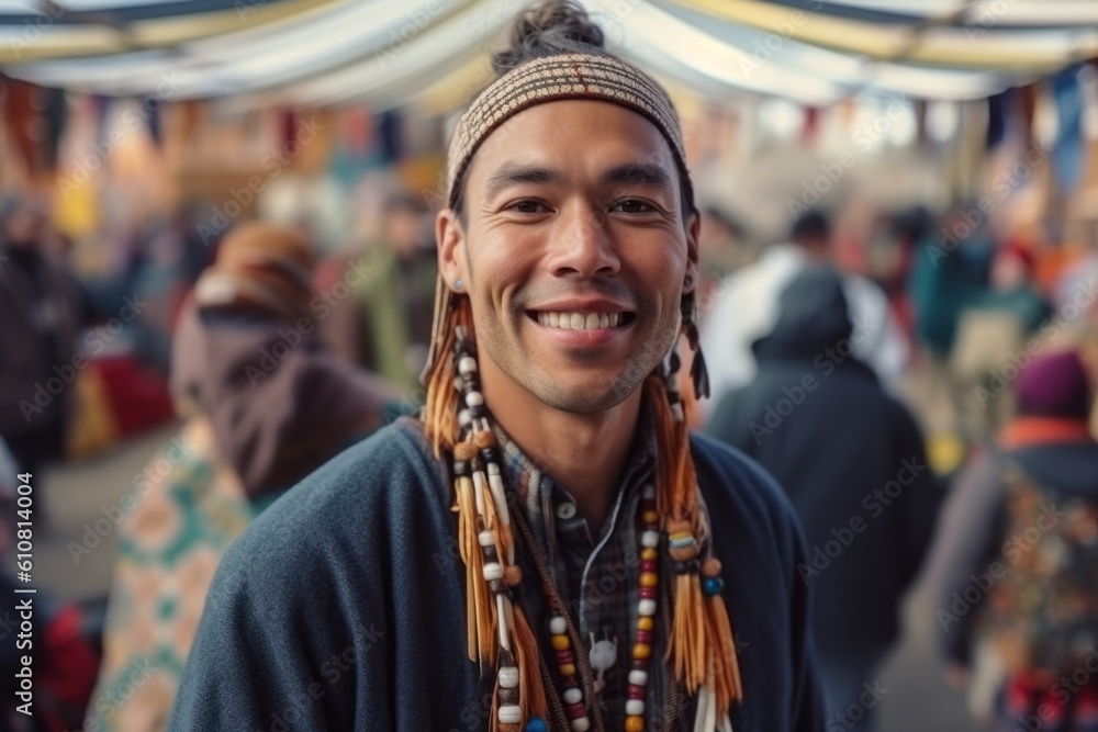 Medium shot portrait photography of a satisfied man in his 30s that is wearing hijab against a traditional native american pow-wow with dancers and drummers background .  Generative AI
