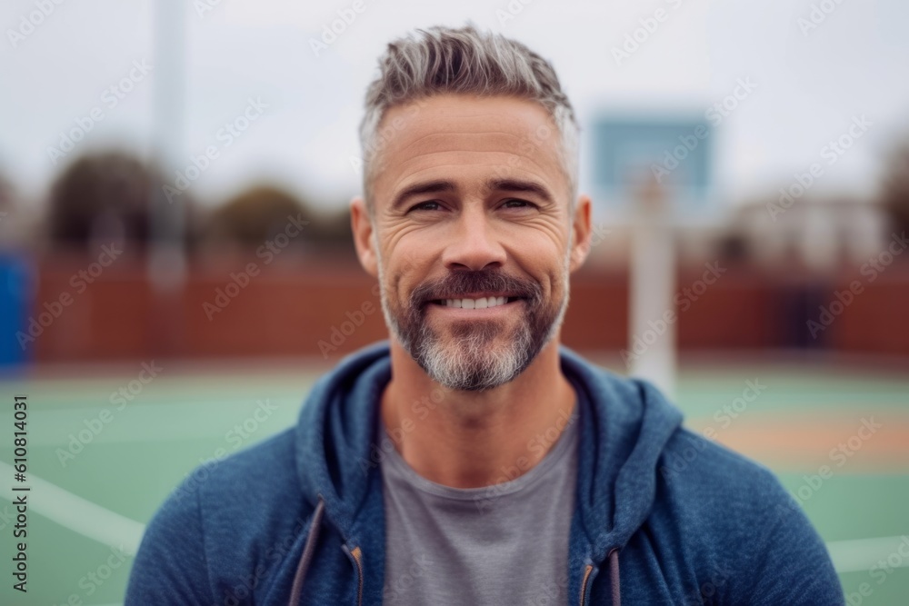 Portrait of handsome mature man smiling at camera while standing on tennis court Portrait of handsome mature man smiling at camera while standing on tennis court