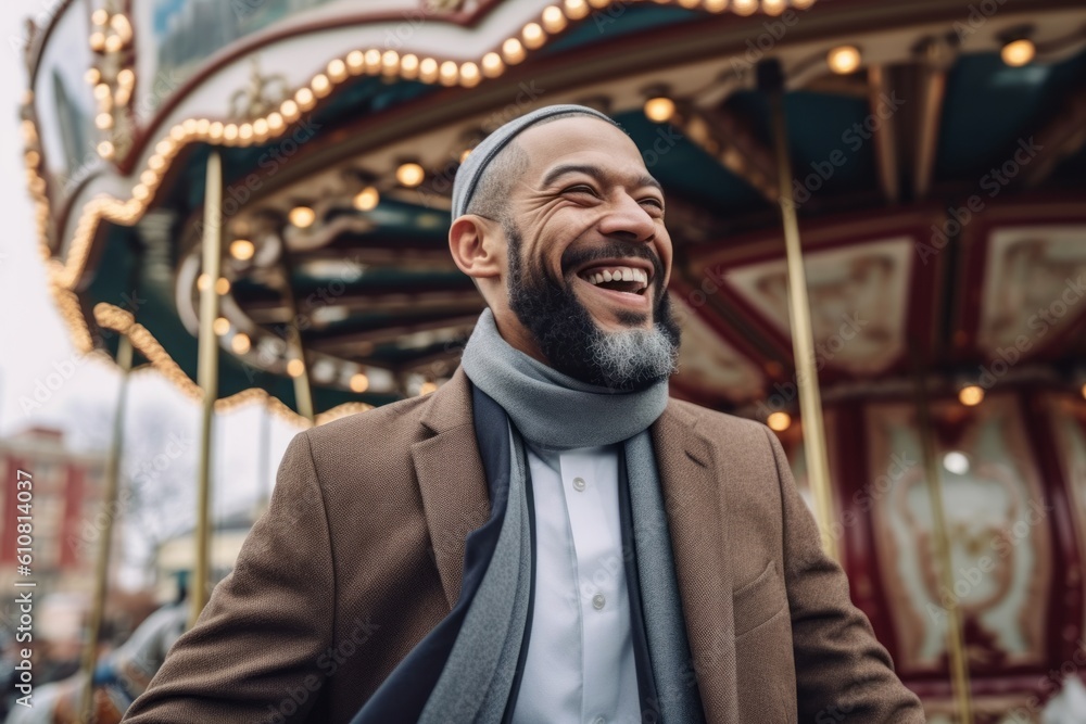 Medium shot portrait photography of a pleased man in his 40s that is wearing hijab against an old-fashioned carousel in motion at a city square background . Generative AI Medium shot portrait photography of a pleased man in his 40s that is wearing hijab against an old-fashioned carousel in motion at a city square background . Generative AI