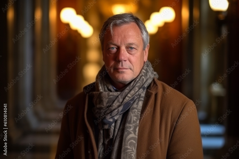 Fototapeta premium Portrait of a senior man in a coat and scarf at night