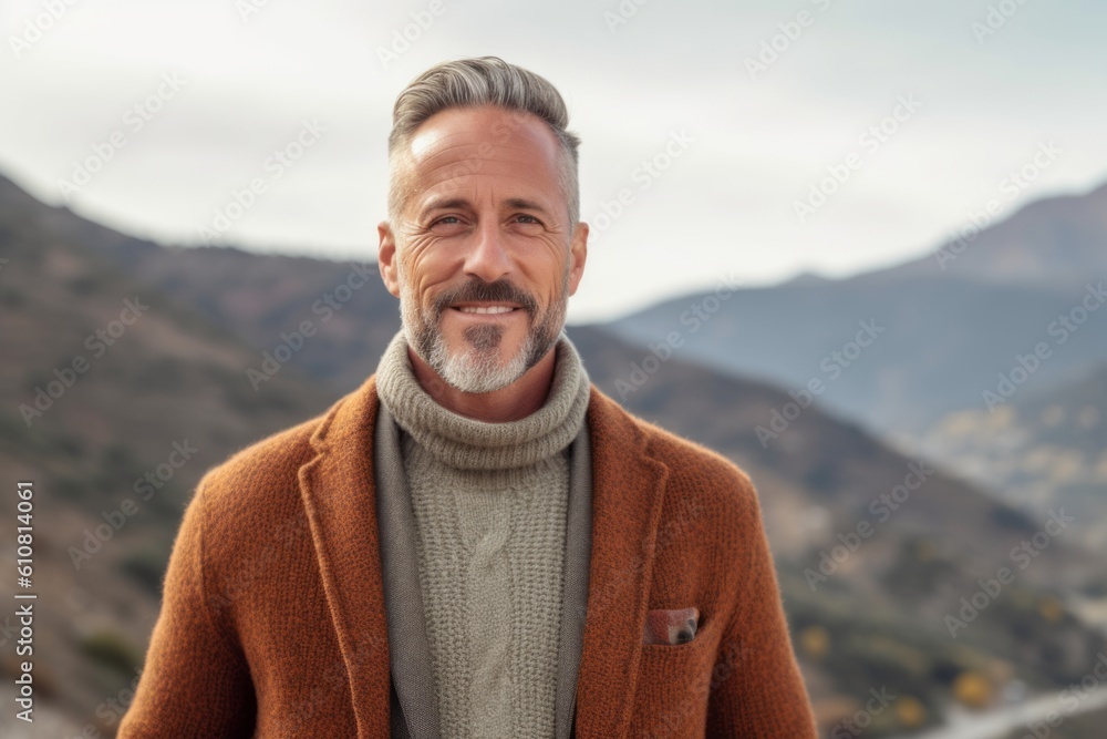 Portrait of a handsome middle-aged man with grey hair, wearing a brown coat, smiling and looking at the camera. Portrait of a handsome middle-aged man with grey hair, wearing a brown coat, smiling and looking at the camera.