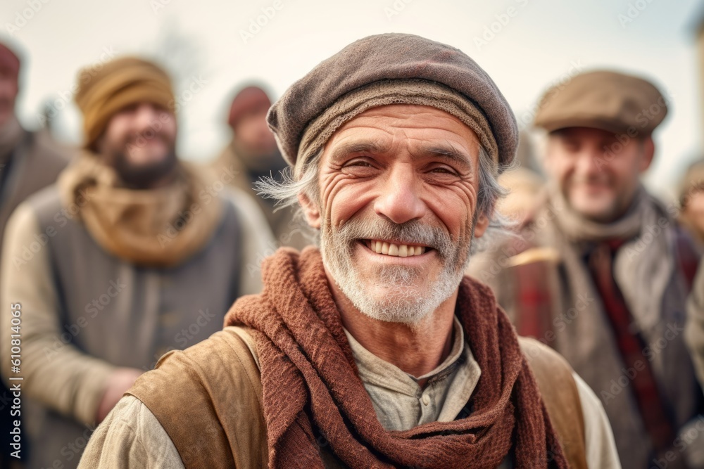 Medium shot portrait photography of a pleased man in his 50s that is wearing a charming scarf against a historic reenactment with costumed actors background . Generative AI Medium shot portrait photography of a pleased man in his 50s that is wearing a charming scarf against a historic reenactment with costumed actors background . Generative AI
