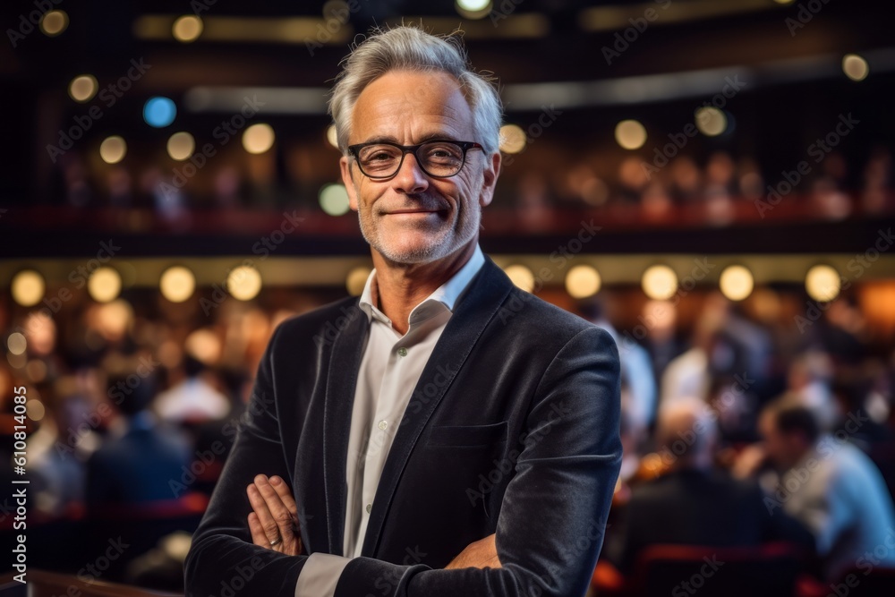 Fototapeta premium Medium shot portrait photography of a pleased man in his 50s that is wearing a chic cardigan against a beautiful symphony orchestra performance in a concert hall background . Generative AI