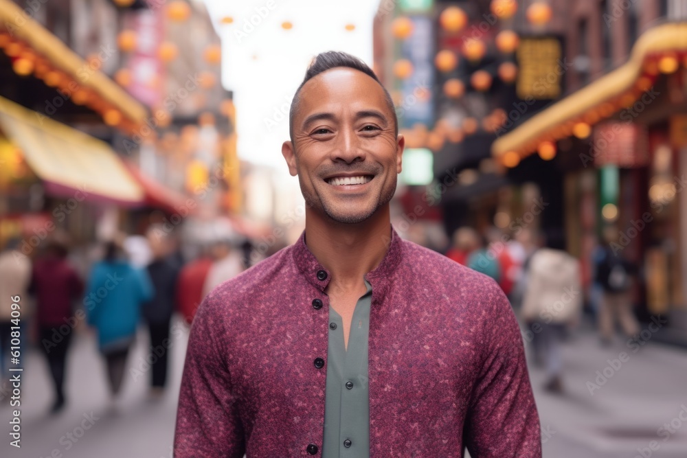 Portrait of smiling man in Chinatown, New York City, USA Portrait of smiling man in Chinatown, New York City, USA