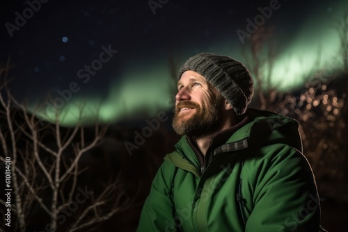 Handsome bearded man in a green jacket and hat looking at the aurora borealis in the night forest.
