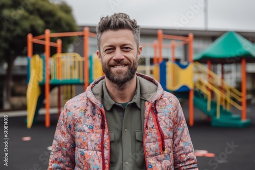 young handsome hipster man with beard and hair in fashion jacket posing on playground