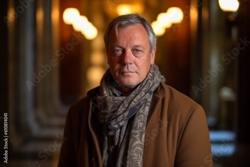 Portrait of a senior man in a coat and scarf at night