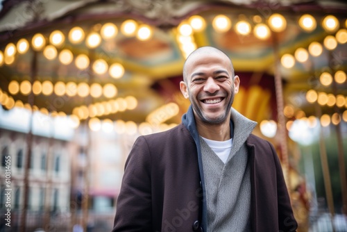 Medium shot portrait photography of a pleased man in his 40s that is wearing hijab against an old-fashioned carousel in motion at a city square background .  Generative AI