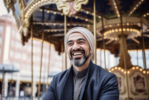 Medium shot portrait photography of a pleased man in his 40s that is wearing hijab against an old-fashioned carousel in motion at a city square background .  Generative AI © Leon Waltz
