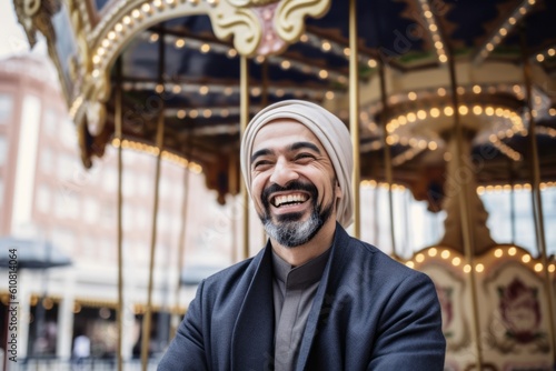 Medium shot portrait photography of a pleased man in his 40s that is wearing hijab against an old-fashioned carousel in motion at a city square background . Generative AI