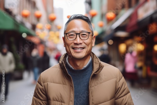 Portrait of happy Asian man in eyeglasses standing in the street