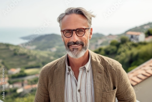 Portrait of handsome senior man with eyeglasses in the countryside
