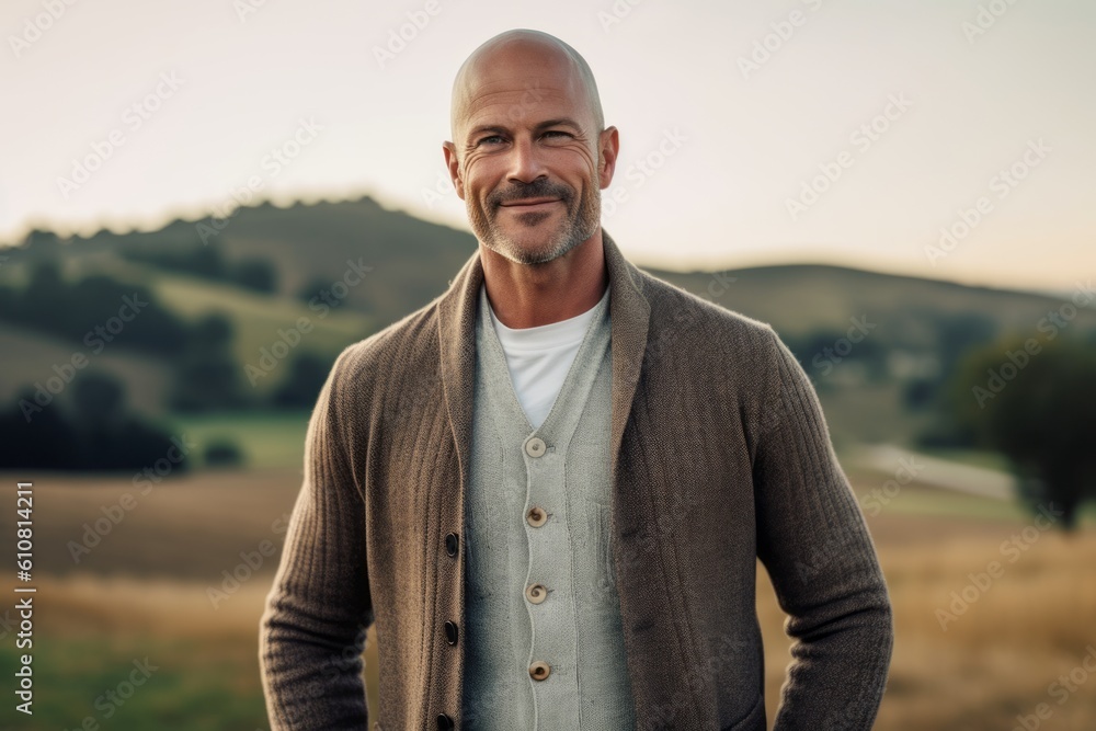 Handsome middle-aged man posing in a field at sunset