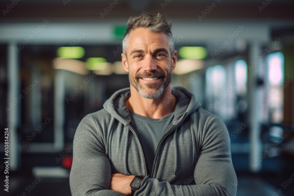 Portrait of smiling mature man with arms crossed at crossfit gym Portrait of smiling mature man with arms crossed at crossfit gym