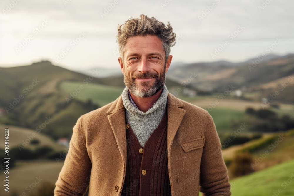 Portrait of a handsome middle-aged man smiling in the countryside Portrait of a handsome middle-aged man smiling in the countryside
