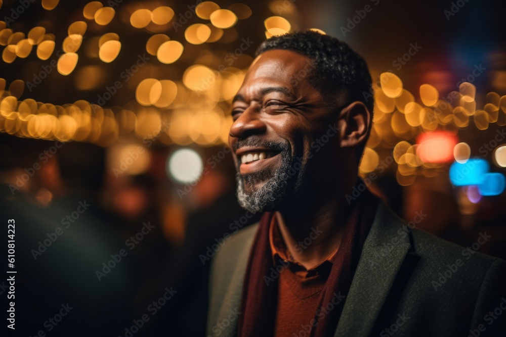 Portrait of a happy african american man laughing outdoors at night Portrait of a happy african american man laughing outdoors at night