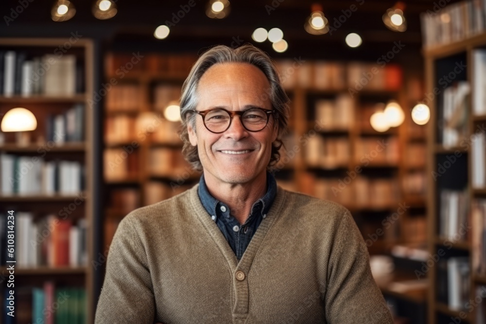 Portrait of smiling mature man in eyeglasses standing in library Portrait of smiling mature man in eyeglasses standing in library