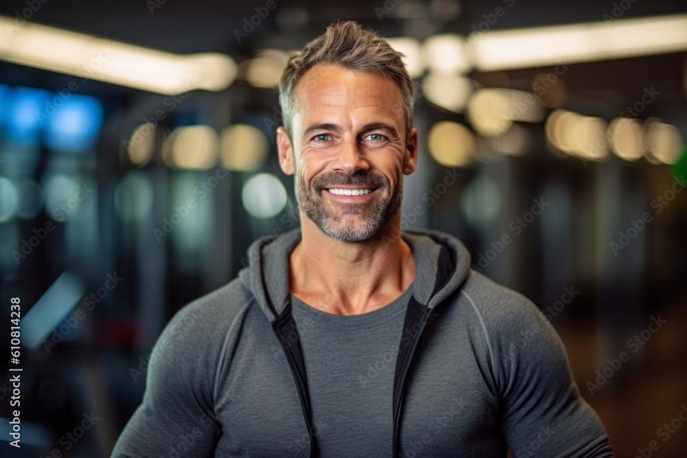 Obraz premium Portrait of smiling man looking at camera while standing in fitness center