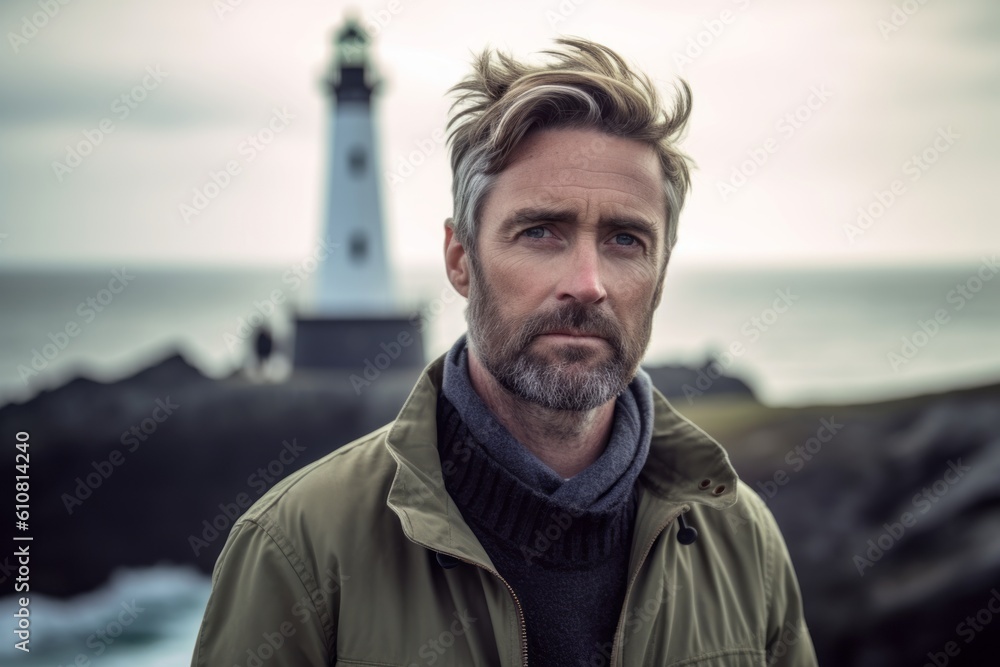 Fototapeta premium Portrait of a handsome mature man standing by the sea with a lighthouse in the background