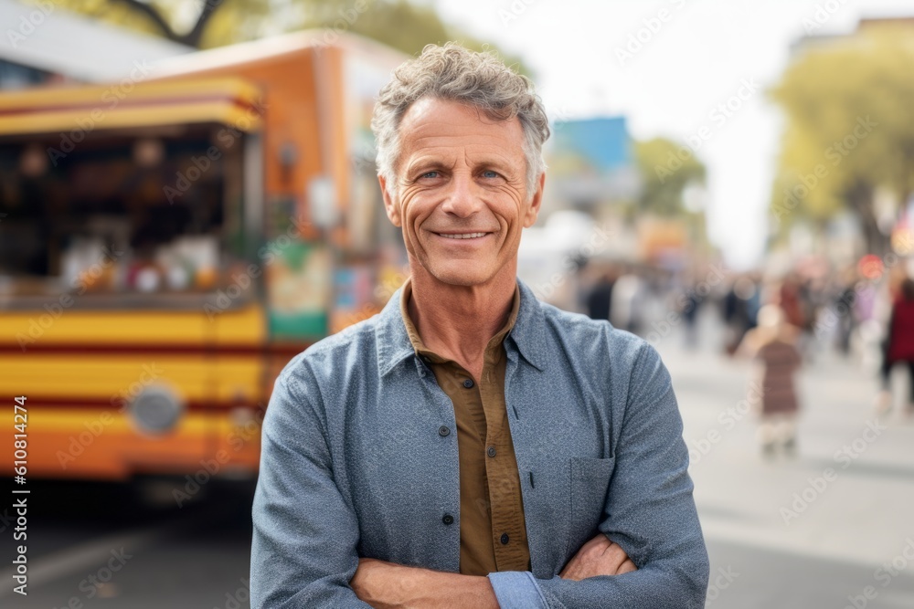 Portrait of smiling mature man standing with arms crossed in city street Portrait of smiling mature man standing with arms crossed in city street