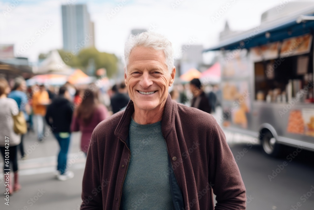 Portrait of happy senior man standing in front of food truck at street market Portrait of happy senior man standing in front of food truck at street market