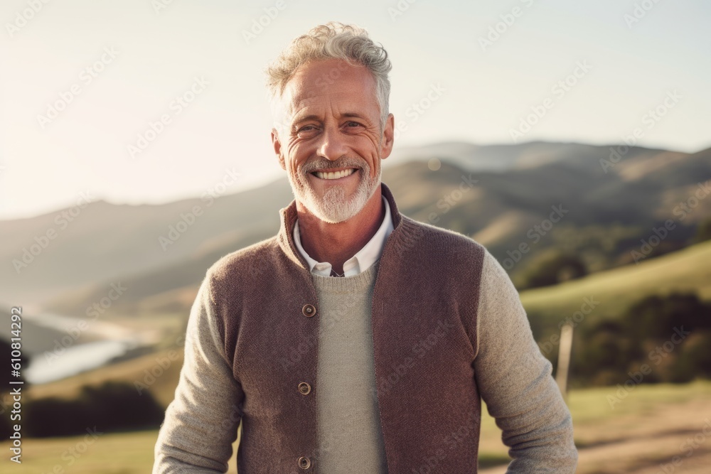 Portrait of a smiling senior man standing in a field on a sunny day Portrait of a smiling senior man standing in a field on a sunny day