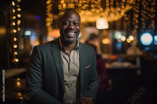 Portrait of smiling african american man at bar counter in night club © Robert MEYNER