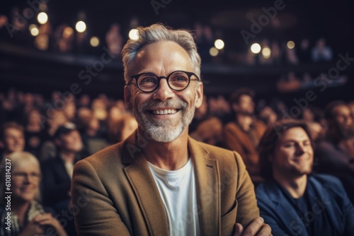 Medium shot portrait photography of a pleased man in his 50s that is wearing a chic cardigan against a crowded concert hall during a live performance background . Generative AI
