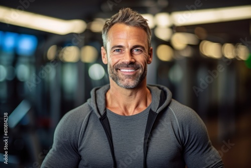 Portrait of smiling man looking at camera while standing in fitness center