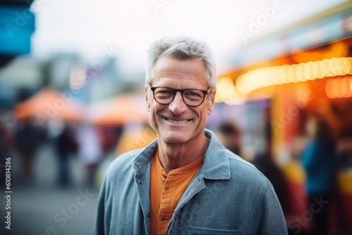 Portrait of smiling senior man with eyeglasses at amusement park