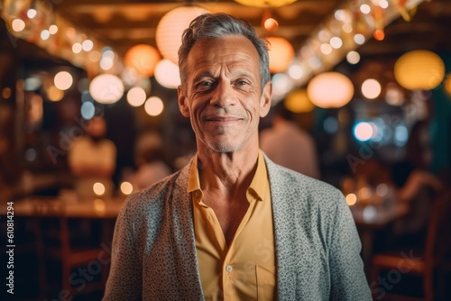 Portrait of senior man smiling at camera while sitting at table in pub