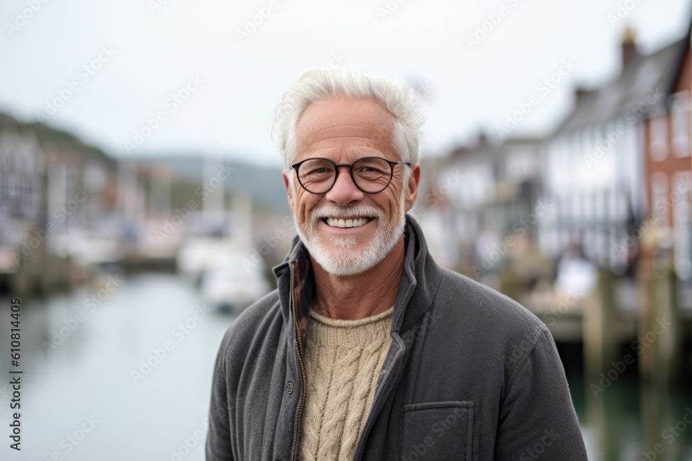 Portrait of smiling senior man with eyeglasses standing on pier Portrait of smiling senior man with eyeglasses standing on pier