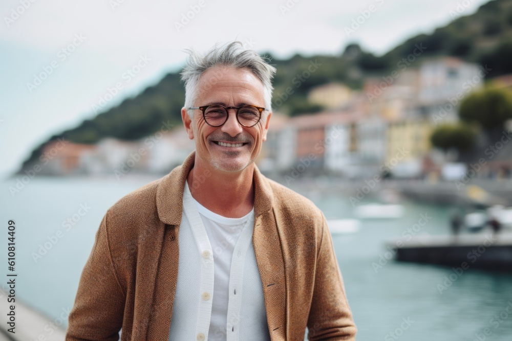 Medium shot portrait photography of a pleased man in his 50s that is wearing a chic cardigan against a picturesque fishing village with boats and seagulls background . Generative AI Medium shot portrait photography of a pleased man in his 50s that is wearing a chic cardigan against a picturesque fishing village with boats and seagulls background . Generative AI