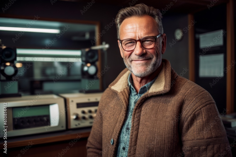 Portrait of senior man with eyeglasses standing in front of radio station Portrait of senior man with eyeglasses standing in front of radio station