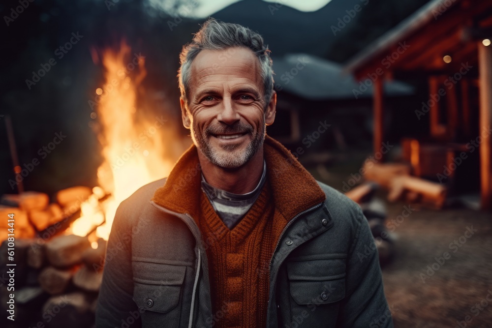 Medium shot portrait photography of a pleased man in his 50s that is wearing a chic cardigan against a remote wilderness campground with a roaring campfire background .  Generative AI