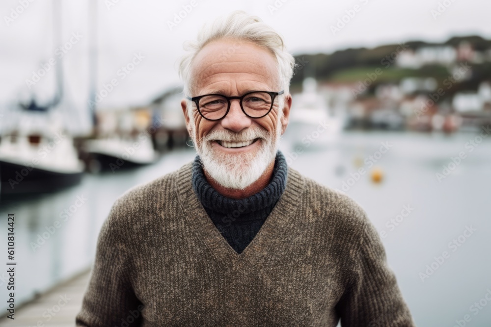 Medium shot portrait photography of a pleased man in his 50s that is wearing a chic cardigan against a picturesque fishing village with boats and seagulls background . Generative AI Medium shot portrait photography of a pleased man in his 50s that is wearing a chic cardigan against a picturesque fishing village with boats and seagulls background . Generative AI