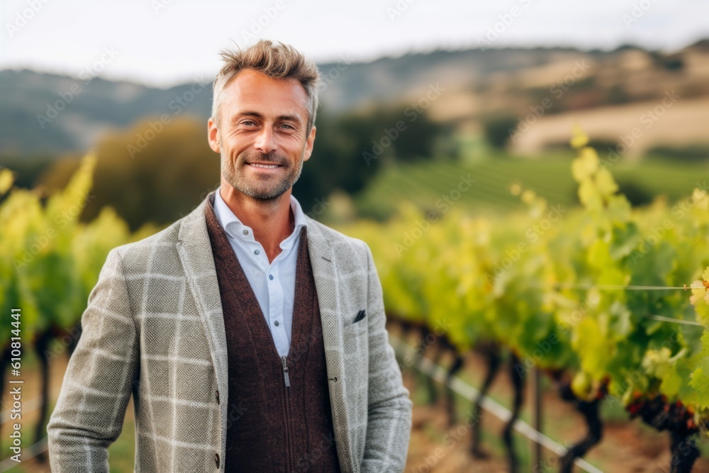 Medium shot portrait photography of a satisfied man in his 40s that is wearing a chic cardigan against a vineyard during a wine tasting event background . Generative AI Medium shot portrait photography of a satisfied man in his 40s that is wearing a chic cardigan against a vineyard during a wine tasting event background . Generative AI