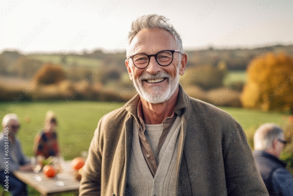 Senior man with glasses having a picnic in the countryside with his family Senior man with glasses having a picnic in the countryside with his family