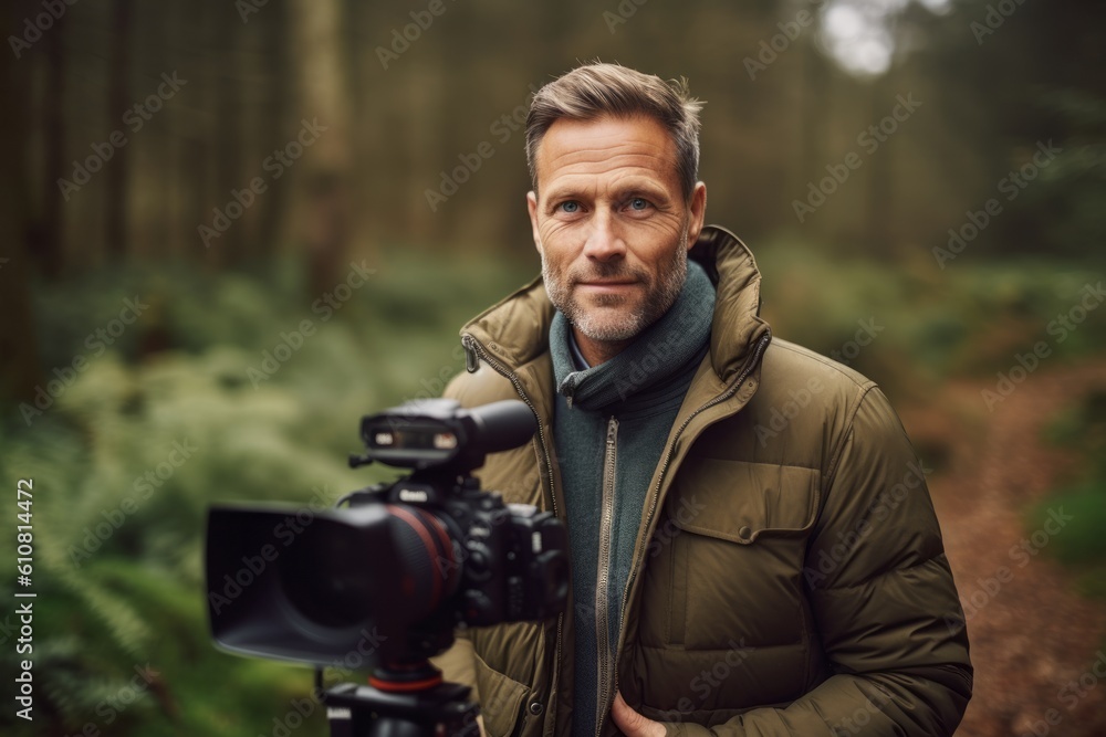 Portrait of a male videographer with professional camera in the forest Portrait of a male videographer with professional camera in the forest