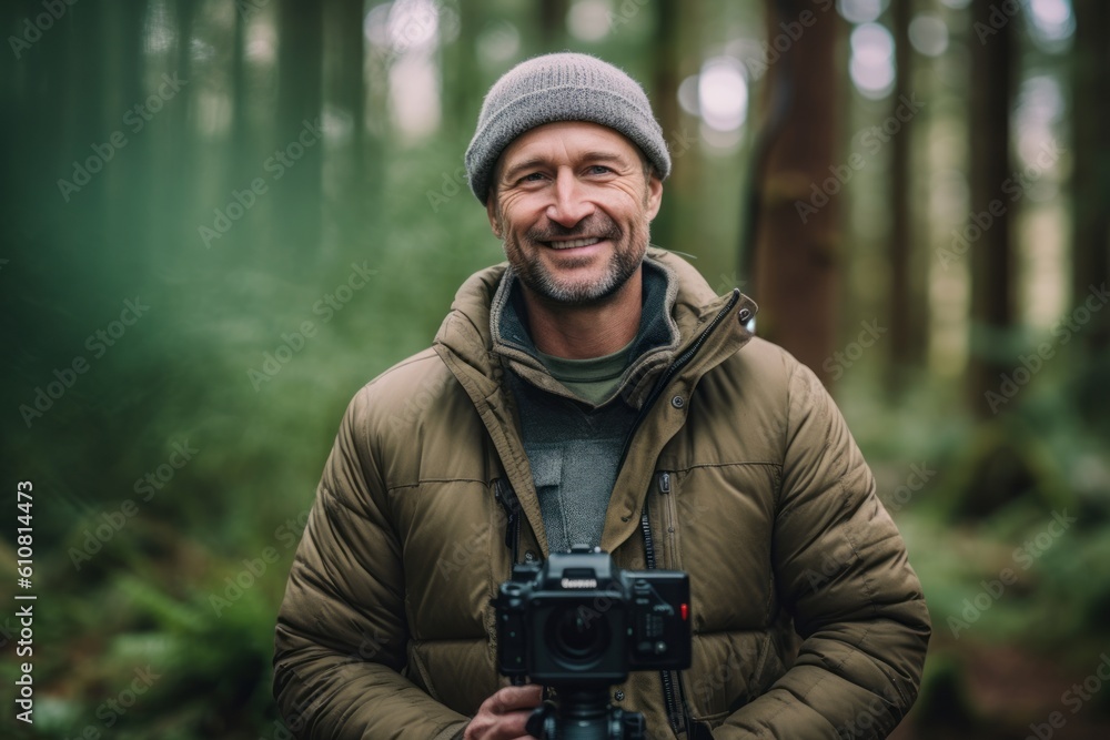 Portrait of a smiling man in a forest with a camera. Portrait of a smiling man in a forest with a camera.