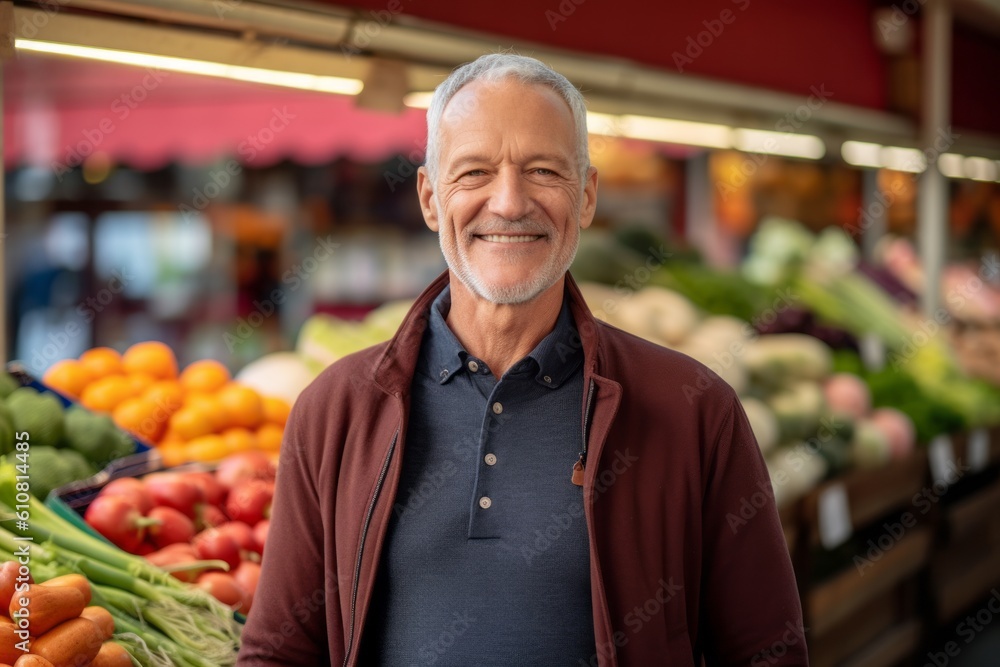 Portrait of a smiling senior man at the grocery store, he is looking at camera and smiling