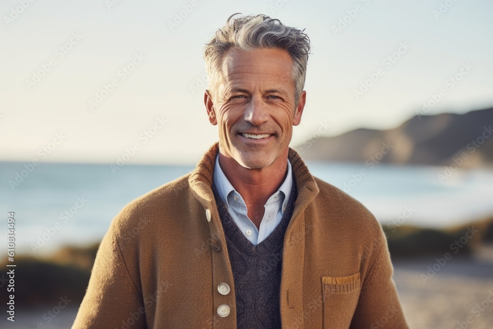 Medium shot portrait photography of a pleased man in his 50s that is wearing a chic cardigan against a water or ocean background .  Generative AI