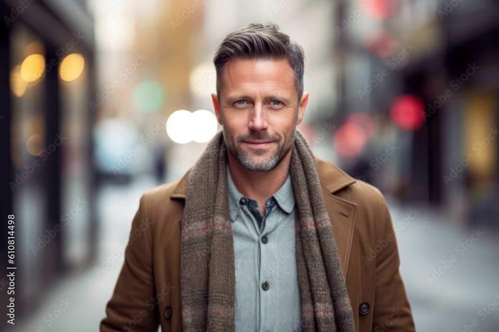 Portrait of a handsome mature man wearing coat and scarf in the city Portrait of a handsome mature man wearing coat and scarf in the city
