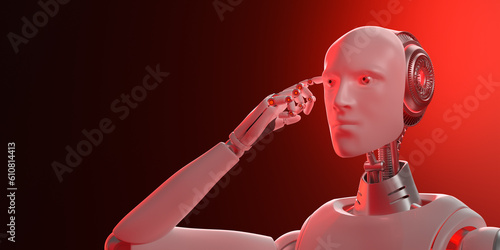 赤い光に照らされた思考するアンドロイド / AI開発の危険性とAIの暴走イメージ / A thinking android illuminated by a red light. Concept image of AI development risks and runaway AI. 3D rendered image. photo