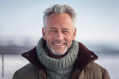 Portrait of smiling mature man in winter clothes against snowy landscape background